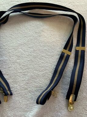 Navy and Tan Striped Adjustable Suspender Braces. SKU 3033